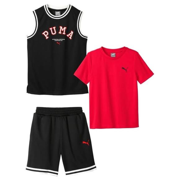 Puma Kids 3 Piece Set Boys Size 5 Red Black Jersey T-Shirt Shorts Outfit NEW - Picture 1 of 5